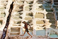 Worker at the Chouwara Tannery, Fez or Fes, Morocco, North Africa.