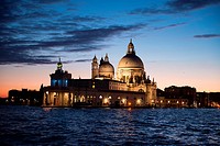 Santa Maria della Salute church at dusk, Grand Canal, Venice, Italy, Europe.