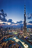 View from above of the Burj Khalifa (Armani Hotel) designed by Skidmore Owings and Merrill , the Souk Al Bahar and the Dubai Fountains at twilight, Bu...