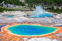 Yellowstone, Grand Prismatic Spring and Excelsior Geyser located at the Midway Geyser Basin along the Firehole River in Yellowstone National Park in n...