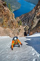 climbing the Chockstone Couloir, AKA the Boy Scout Couloir an alpine route which is rated Grade 3, Class 4 and located on The Grand Mogul in the Sawto...