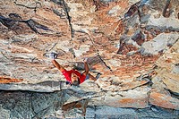 Rock climbing a route called Shes The Bosch which is rated 5,11 and located on Window Rock at the City Of Rocks National Reserve near the town of Almo...