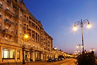 Hotel Savoia Excelsior in downtown Trieste, Italy, at dusk.