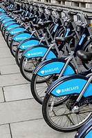 Row of parked Transport for London Barclays bicycles for hire, London. The hire scheme was introduced in 2010 by London mayor Boris Johnson.