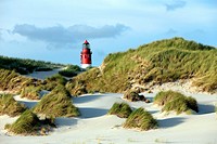 Lighthouse behind sand dunes, Amrum, North Frisian islands, Schleswig-Holstein, Germany, Europe.