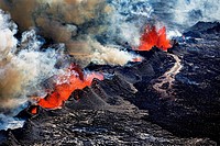 Volcano Eruption at the Holuhraun Fissure near Bardarbunga Volcano, Iceland. Aerial view of lava and plumes. August 29, 2014 a fissure eruption starte...