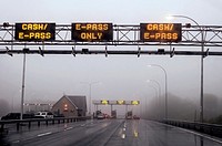 Approaching a toll booth in fog and mist, Nova Scotia, Canada