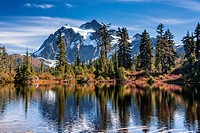Reflection of Mount Shuksan in Picture Lake, Mt. Baker-Snoqualmie National Forest, Washington, United States of America.