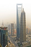 Left ´World Financial Center´ and right ´Jin Mao Tower´, View from the Space Module Observation desk at 350 m (1148 ft) of ´Oriental Pearl TV Tower´, ...