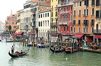 Venice, Italy. Gondolas with Gondoliers on grand canal (canale grande).