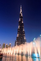 One of the world biggest musical fountain, in front of the Burj Khalifa, display just after sunset.