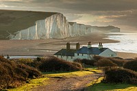 Early winter morning at Coastguard Cottages and Seven Sister cliffs, East Sussex, England.