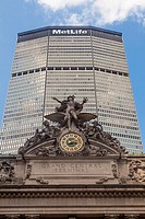 Looking up at the Met Life Building built over Grand Central Station in Mid town Manhattan.