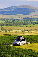 Camper Van parked on moor The Lake District National Park, Cumbria, England, UK.