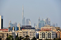 View from Dubai Creek chanel to downtown Dubai with skyscrapers and Burj Khalifa, Dubai, United Arab Emirates.