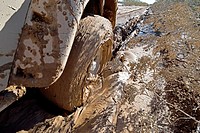Jeep stuck in deep mud closeup, Mojave Desert, California, USA.