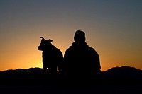Dog and master watching sunrise, Mojave Desert, California, USA, MR.