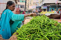 Selling chili peppers at Udaipur street market.