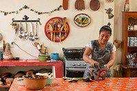 Oaxacan chef Reyna Mendoza Ru’z of El Sabor Zapoteco Cooking School hand makes traditional food in her kitchen in Teotitlan, Mexico.
