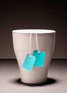 Studio shot of a teacup with two teabags, extra strong tea. Food and drink backdrop showing a mug of hot beverage served. It can be used as a conceptu...