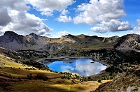Mountain lake Lac d`Allos, panorama view, Alpes-de-Haute-Provence, French Alps, France.