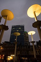 London, The City, UK - Interesting street lamps contemporary urban design at the exit of Liverpool Street Station