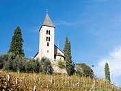 St. Jakob in Kastelaz (San Giacomo a Kastelaz) in the vineyards of Tramin (Termeno), a famous church in the Unterland region of South Tyrol. Europe, C...