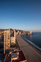 Panoramic view of Levante beach, Benidorm, Alicante, Comunidad Valenciana, Spain.