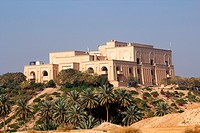 External picture of the Palace of former Iraqi President Saddam Hussein in the ancient city of Babylon and Located on the high mountain, overlooking t...