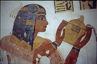 Thebes, West bank, Kings Valley, tomb of Montou-Her-Kopechef (KV19). Right wall, the prince in front of Sekhmet (scene 14). The prince pours a libatio...