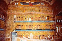 Thèbes, West bank, King’s Valley, Seti I tomb (KV17). Burial chamber, west wall, winged Nephtys kneeling and Book of Am-Douat.