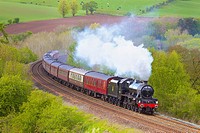 Steam train. LMS Jubilee Class ´Leander´. Settle to Carlisle Railway Line, Eden Valley, Cumbria, England, UK.