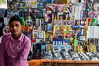 India, Indian, Asian, Mumbai, Fort Mumbai, Kala Ghoda, VN Road, sidewalk street vendor, electronics, sex toys, acccessories, display, sale, shopping, ...