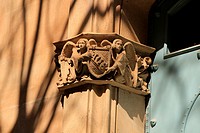 Ave, decorative religious element on the building at street Girona, Barcelona, Catalonia, Spain