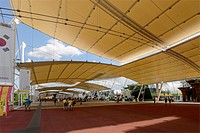 MILAN, ITALY - July 09: EXPO 2015, shade under the sails of membrane textile structure covernig the main walk, shot on jul 09 2015 Milan, Italy.