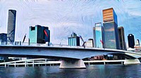 painting filter view of bridge over Brisbane river and city skyline.