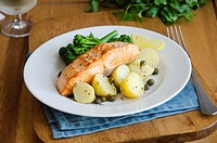 Baked salmon with mustard and caper potatoes.