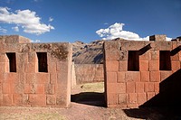 Stone walls of ancient buildings at the Pisac Ruins of the Inca empire, Pisac, Cusco Region, Peru, South America.
