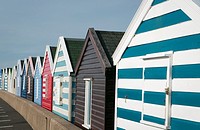 Beach huts on pier in Southwold, Suffolk, UK.