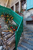 Stairway to the entrance of a private residence in the medieval village of Yvoire in France.