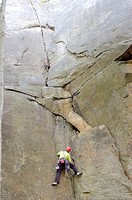 Rock climber Alicia Huddelson in New River Gorge National River West Virginia