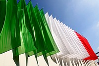 MILAN, ITALY - October 07, EXPO 2015, colored banners create the Italian flag on a pavilion in exposition, shot on oct 07 2015 Milan, Italy.