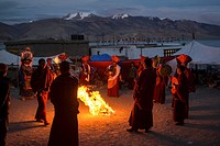 Buddhist monks performing a ritual. Nomad summer festival in Tso Moriri lake, Ladakh (India).