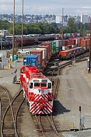 Tacoma Rail locomotives move containers at the Port of Tacoma, Washington State, USA.