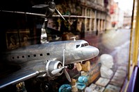Metal plane in a typical Ghent toy shop, Ghent, Belgium