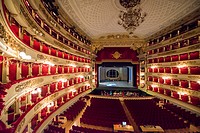 Inside illuminated Scala Theater in Milan, Italy