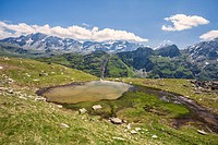 The small Lake Piz La Margna Fedoz Valley Engadine Canton of Graubünden Switzerland Europe.