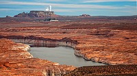 A view of Lake Powell with the Navajo Generating Station in the distance.