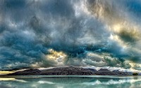 Cloudscape panorama at dusk over Ben Ohau Range, Lake Tekapo, Mackenzie country, Canterbury, New Zealand.