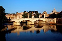 Italy. Rome. Looking across the Tiber River and Ponte Vittorio Emanuele to Vatican City.